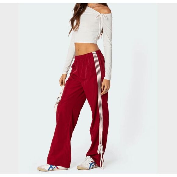Edikted Remy Ribbon Track Pants Red with White Stripes and loose Tie Hem Large - Picture 1 of 15